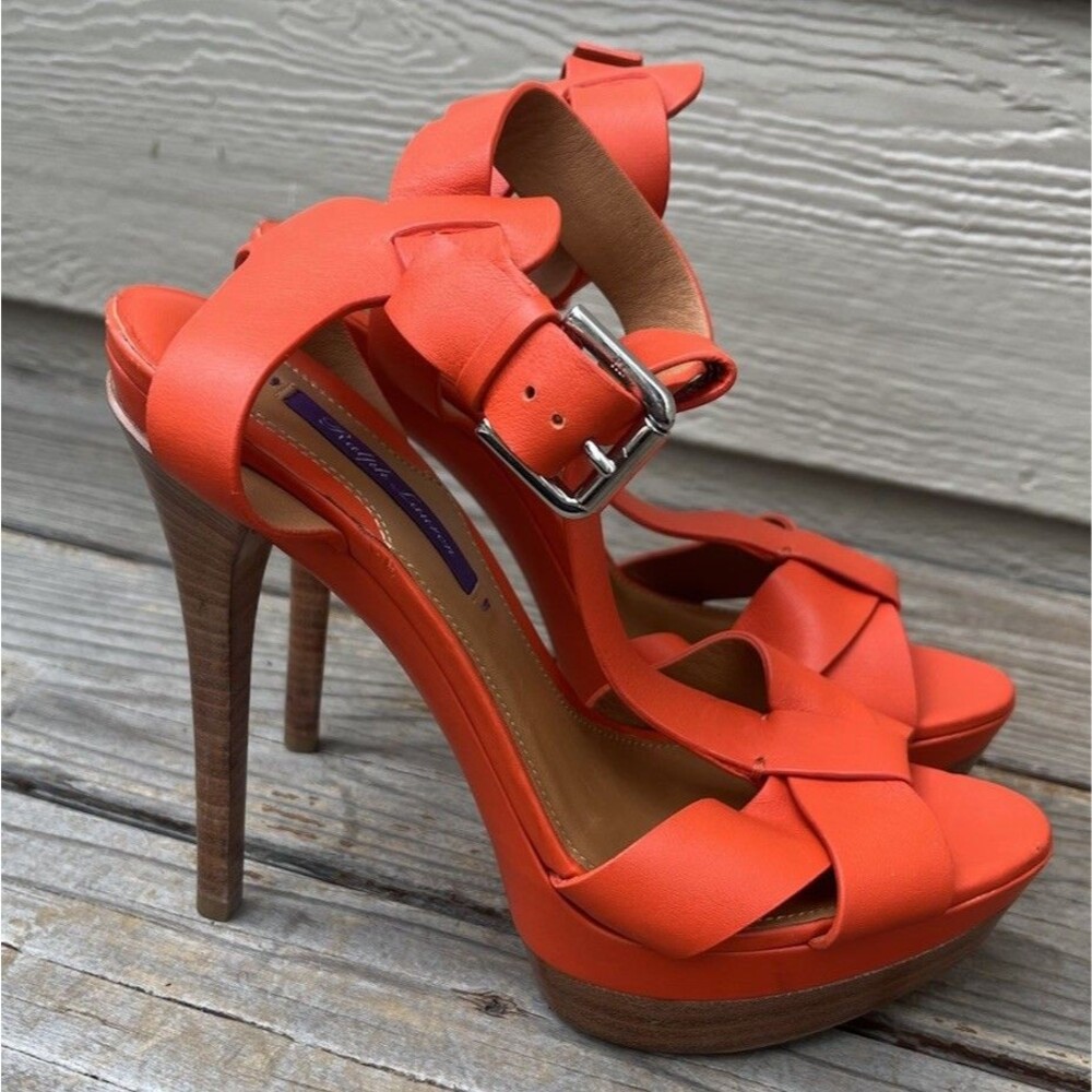 Ralph Lauren Purple Label Women’s 39.5 B Orange Leather 5" Heel Sandals Italy - Picture 3 of 15